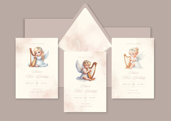 First birthday watercolor Invitation Template card with blonde baby girl angel playing harp.