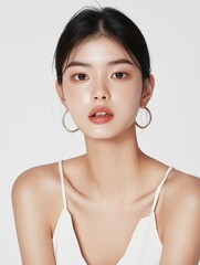 Fashion portrait of young woman with natural makeup in studio setting