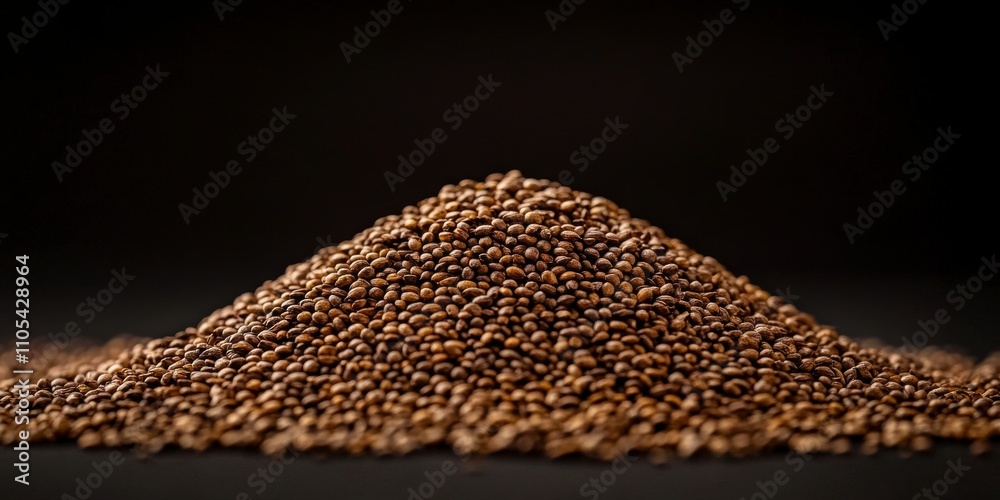 Poster isolated small hill of seeds on a black background creates a striking visual. this small hill of see