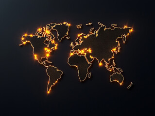 glowing abstract world map with illuminated points connected by golden lines on dark background, symbolizing global connectivity and technology