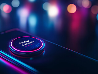Fototapeta premium close up of device screen displaying Backup Complete notification, surrounded by vibrant neon lights, creating futuristic and secure atmosphere