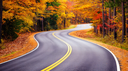 Naklejka premium Colorful landscape with empty road in woods in fall season.