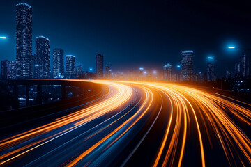 Obraz premium dynamic cityscape at night with illuminated roads forming vibrant light trails against backdrop of towering skyscrapers, creating futuristic and energetic urban atmosphere