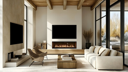 Modern Living Room Interior Design with a Cozy Fireplace and Large Windows Offering a View of the Outdoors