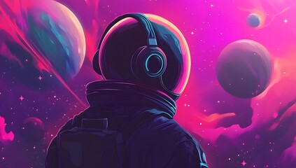 Astronaut in vibrant pink and purple nebula, listening to music in space.  A cosmic dreamscape.