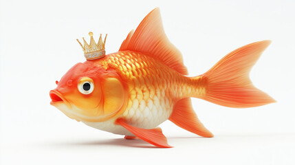 Fototapeta premium Goldfish with a crown on a white background. Orange aquarium fish, 3D character