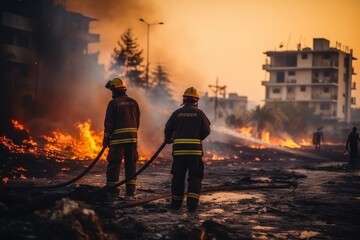 Firefighters battle blaze with hoses amidst ruins destroyed city building and surrounding smoke