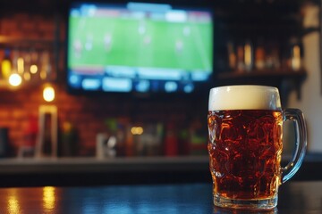 Football game broadcast on screen beside beer glass on surface