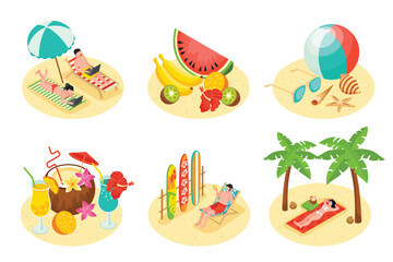 Beach-Themed Illustrations with Sunbathing and Tropical Elements