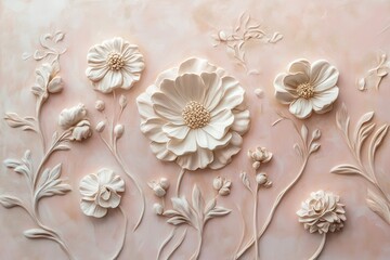A decorative floral relief displayed on a gentle pink background