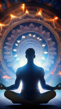 Meditation man sitting in lotus position with glowing mandal pattern