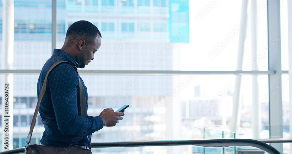 Poster business, man and travel with phone in office for checking notifications, network connection and mob