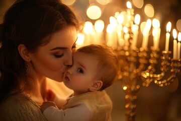 Happy Jewish mother and son celebrating Hanukkah. Portrait of orthodox Jewish family. Jewish festival of lights or Rosh Hashanah. Israel holiday. Infant baptism, christening ceremony in church