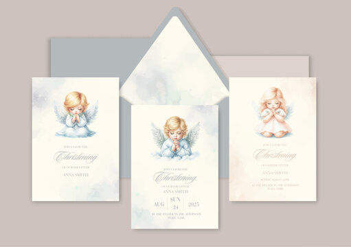 Watercolor Invitation Template card with newborn blond baby angel prays sacrament of baptism.