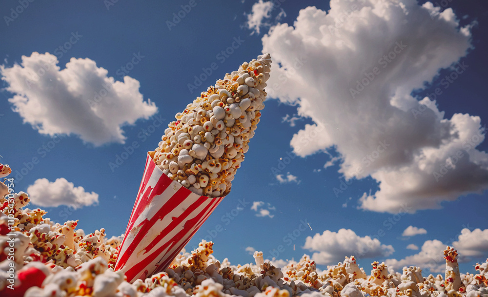 Poster Large pile of popcorn is in a red and white container. The popcorn is scattered all over the container