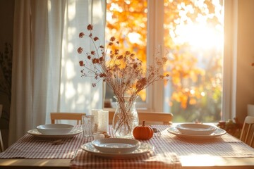 Cozy autumn table setting with warm sunlight and rustic decor.