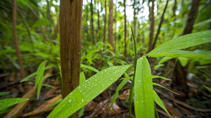 Lush Tropical Forest with Vibrant Green Leaves and Raindrops in a Photogenic Aspect Ratio for Nature Photography