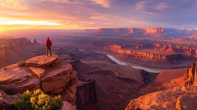 A hiker standing on the edge of a dramatic cliff, overlooking a vast canyon at sunset, warm orange and pink hues blending into the horizon, rugged textures of the landscape, inspiring and adventurous