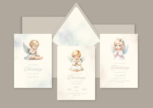 Watercolor Invitation Template card with newborn blond baby angel prays sacrament of baptism.