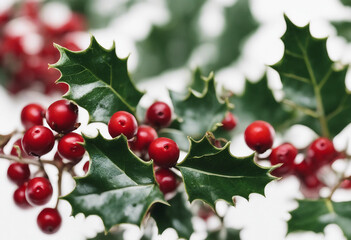 Obraz premium Close-up of holly leaves with red berries on a white background transparent