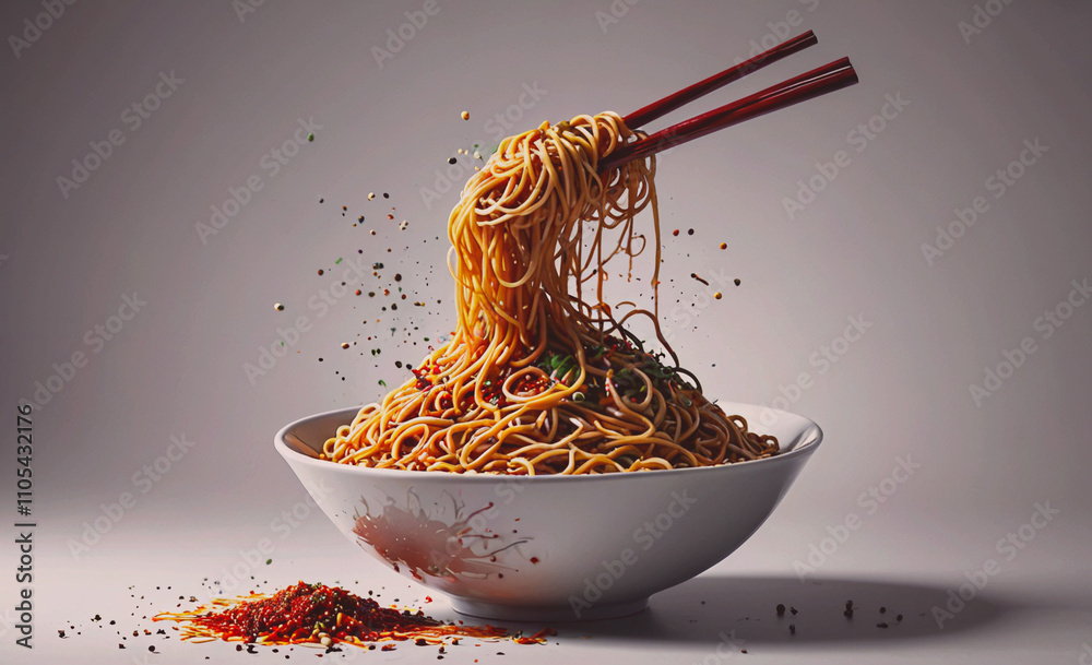Poster Bowl of noodles with chopsticks in it. The noodles are in the air. There is a red bowl on the table