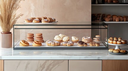 A modern bakery display showcasing an assortment of pastries, including macarons, eclairs, and cinnamon rolls, vibrant natural light illuminating the glass counter, elegant and tempting aesthetic