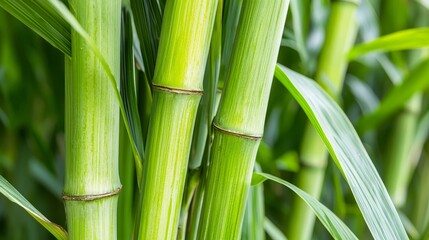 Close-Up of Lush Sugarcane Stalks with Bright Green Leaves in Natural Setting