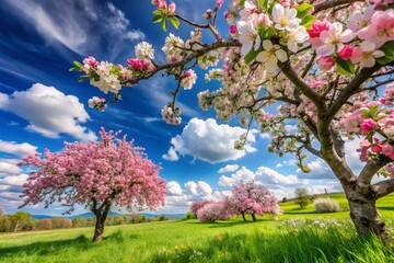 Fototapeta premium A Beautiful Blooming Wild Apple Tree Under a Clear Blue Sky with Fluffy Clouds – Perfect for Postcard Design and Nature Lovers' Art Collection