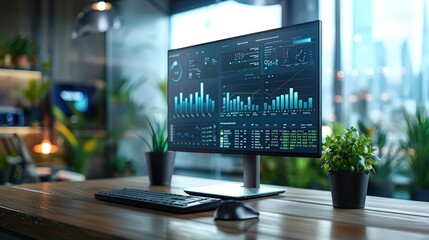 Desktop Computer Monitor Displaying Financial Statistical Data Software with Progressive User Interface in Modern Business Office Behind Glass Wall Overlooking Big City