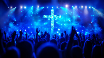  Easter concert with people cheering in front of the stage and a cross on it glowing with blue lights. 