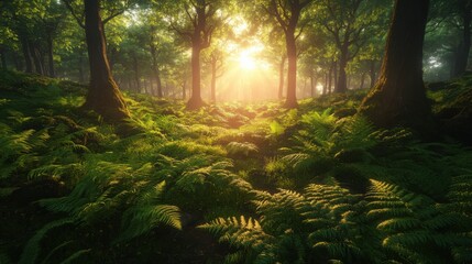 Lush green forest clearing bathed in soft morning sunlight, perfect for peaceful and natural designs