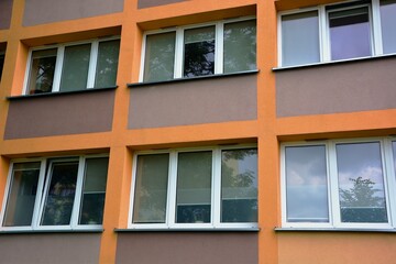 Hotel, residential rooms for students. View of the part of the building block with windows.
