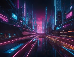 Fototapeta premium Modern neon city urban architecture, colorful and neon light effect. Modern hi-tech, science, futuristic technology concept. Abstract digital high tech city design for banner background