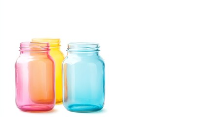 Colorful glass jars in pink, yellow, and blue arranged side by side against a white background, perfect for storage or decorative purposes.