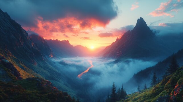 Misty mountain landscape at dawn under a clear sky, ideal for tranquil and atmospheric visuals