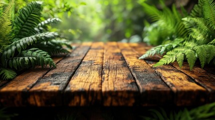 Naklejka premium Rustic wooden table with blurred greenery in the background, perfect for natural and homely designs