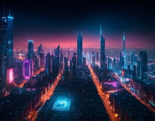 Obraz premium Modern neon city urban architecture, colorful and neon light effect. Modern hi-tech, science, futuristic technology concept. Abstract digital high tech city design for banner background