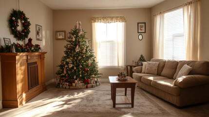 Fototapeta premium cozy living room featuring decorated Christmas tree and warm decor