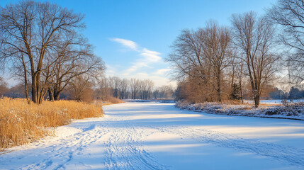 A frozen river surrounded by snowy fields and tall trees, with gentle sunlight casting shadows on the snow.