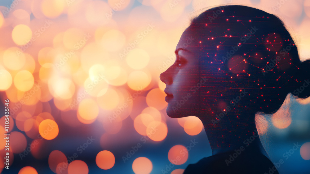 Poster artificial intelligence concept showing data processing inside woman's head against bokeh background