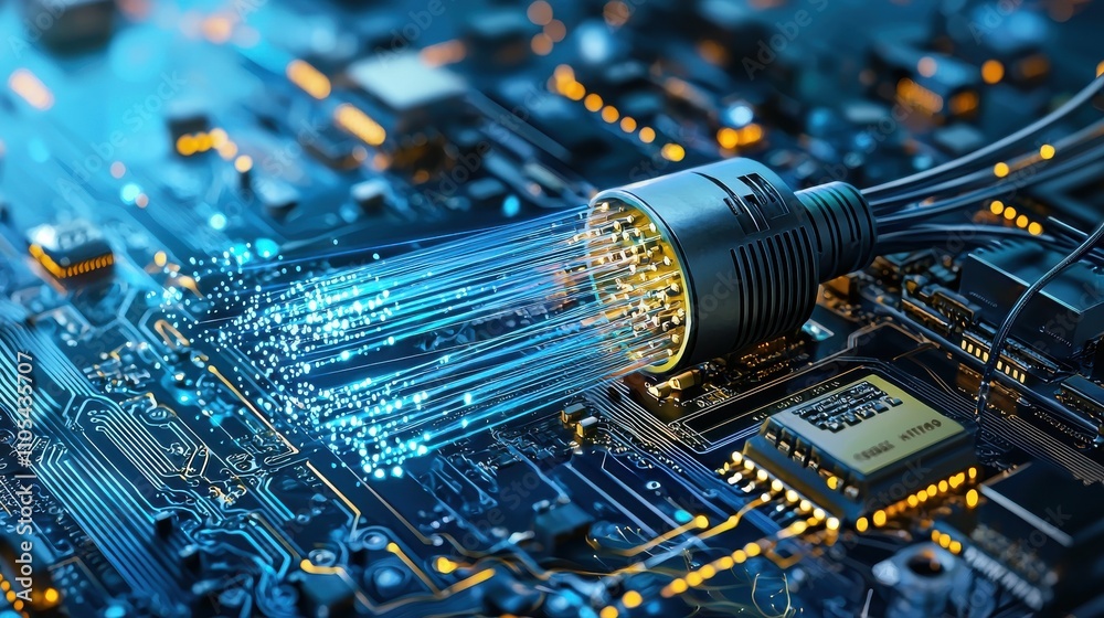 Aufkleber Illuminated fiber optic cables glowing blue in a low-resolution closeup technology lab environment abstract concept