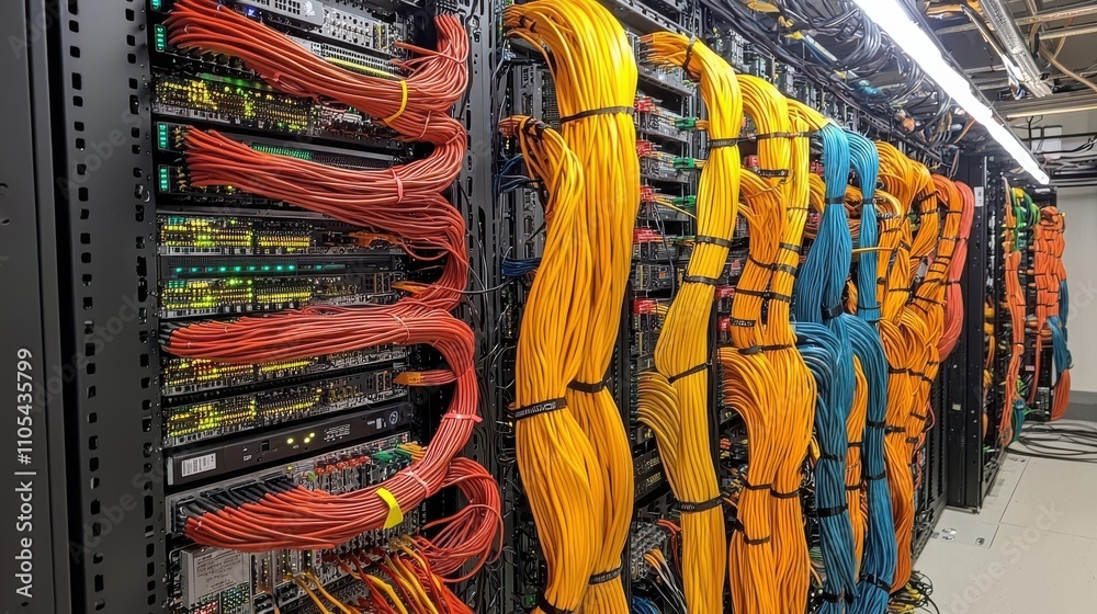 Aufkleber Organizing color-coded patch cables in a server room low-resolution overview of neatly managed data connections