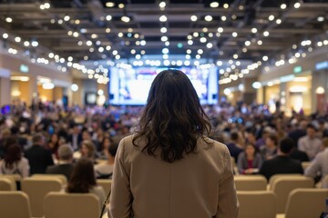 Back view of a female speaker giving a speech in front of people at convention center