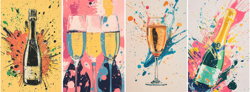 Abstract set of vibrant painted style champagne celebration posters