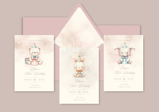 Watercolor Invitation Birthday Template card with animal celebrate birthday with gifts.