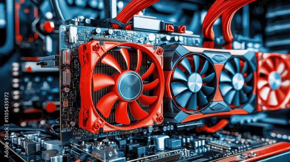 Aufkleber braided power cables connected to low resolution graphics card technology workspace close-up industr