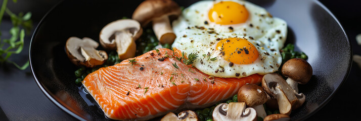 Fried salmon steak with eggs and mushrooms. Salmon - healthy meal with lots of vitamin D