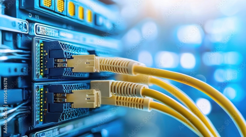 Poster Connecting high-performance ethernet cables in a network setup data center technology image modern environment close-up view ethernet connectivity
