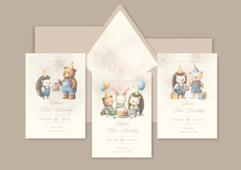 Watercolor Invitation Birthday Template card with animal friends celebrate birthday with cake and gifts.