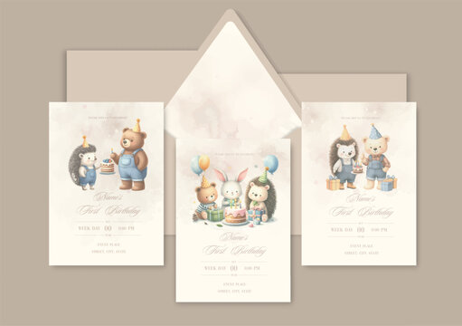 Watercolor Invitation Birthday Template card with animal friends celebrate birthday with cake and gifts.